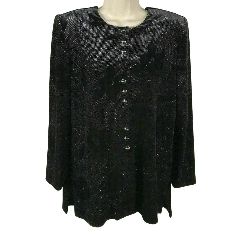 Vintage Black Floral Metallic Blouse With Buttons From R&M Richards 12 Petite‎
